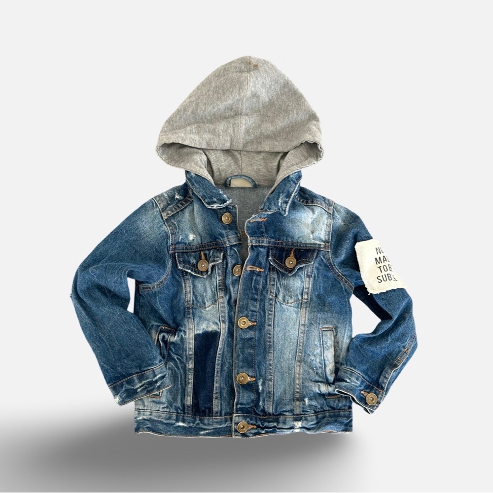 Zara Boys Blue Denim Jacket With Attached Grey Hoodie
